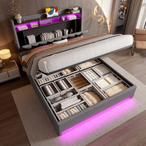 Estrutura da cama 160x200 cm - Com iluminação LED, função de carregamento USB Tipo C, arrumação debaixo da cama, cabeceira com arrumação, estrutura da cama hidráulica - Cinza