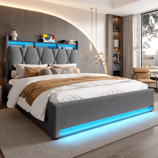 Estrutura da cama 160x200 cm - Com iluminação LED, função de carregamento USB Tipo C, arrumação debaixo da cama, cabeceira com arrumação, estrutura da cama hidráulica - Cinza