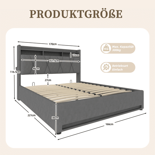 Estrutura da cama 160x200 cm - Com iluminação LED, função de carregamento USB Tipo C, arrumação debaixo da cama, cabeceira com arrumação, estrutura da cama hidráulica - Cinza