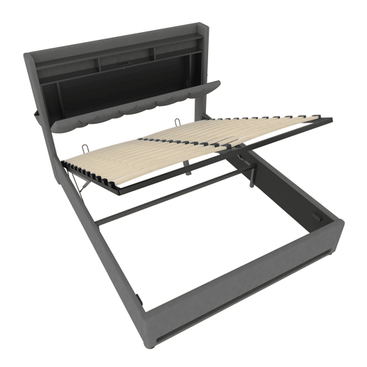 Estrutura da cama 160x200 cm - Com iluminação LED, função de carregamento USB Tipo C, arrumação debaixo da cama, cabeceira com arrumação, estrutura da cama hidráulica - Cinza