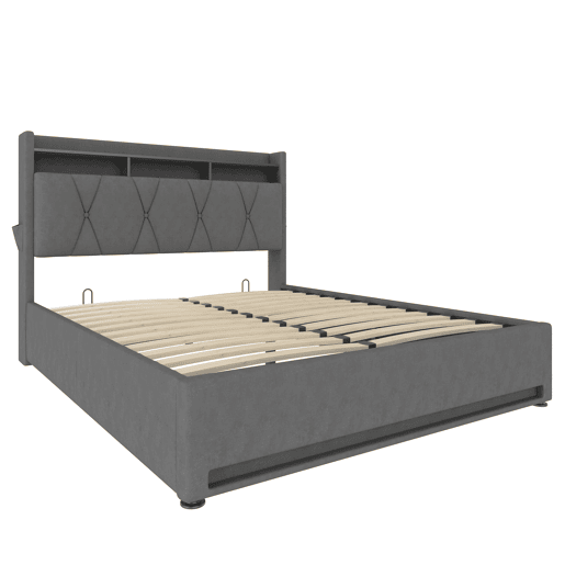Estrutura da cama 160x200 cm - Com iluminação LED, função de carregamento USB Tipo C, arrumação debaixo da cama, cabeceira com arrumação, estrutura da cama hidráulica - Cinza