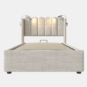 Cama estofada 90x200 - com luz de leitura, função de carregamento, cabeceira e arrumação - Natural
