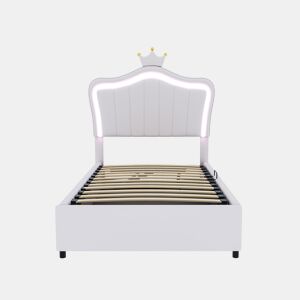 Cama contentora em pele sintética 90x200 cm - com LED e estrado - Branco
