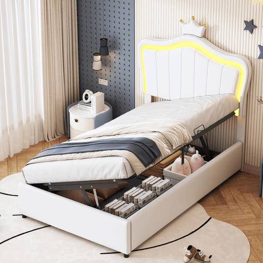 Cama contentora em pele sintética 90x200 cm - com LED e estrado - Branco Cama contentora em pele sintética 90x200 cm - com LED e estrado - Branco