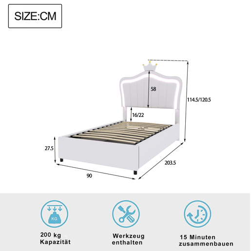 Cama contentora em pele sintética 90x200 cm - com LED e estrado - Branco Cama contentora em pele sintética 90x200 cm - com LED e estrado - Branco