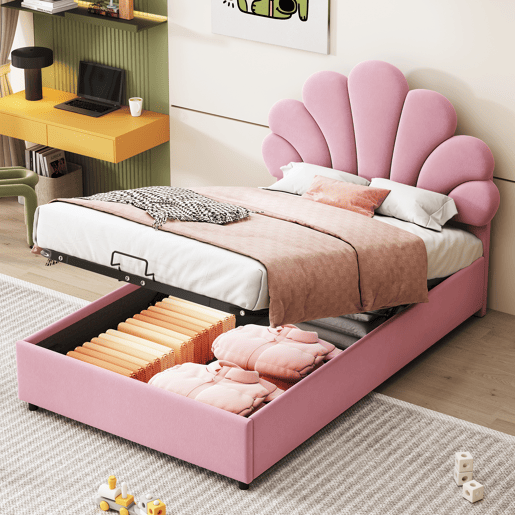 Cama estofada em veludo com arrumação - 90x200cm - Cabeceira em flor - Estrado de ripas - Rosa Cama estofada em veludo com arrumação - 90x200cm - Cabeceira em flor - Estrado de ripas - Rosa