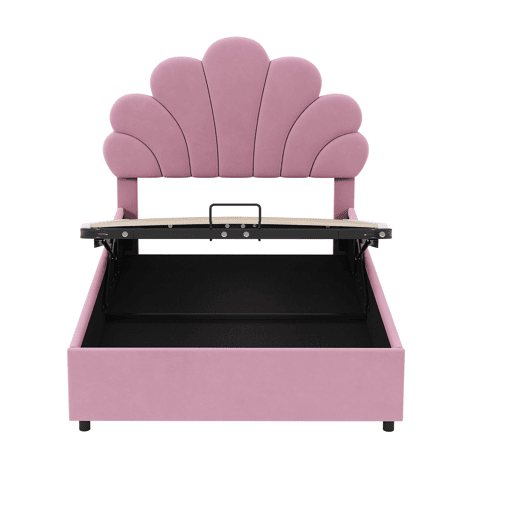 Cama estofada em veludo com arrumação - 90x200cm - Cabeceira em flor - Estrado de ripas - Rosa Cama estofada em veludo com arrumação - 90x200cm - Cabeceira em flor - Estrado de ripas - Rosa