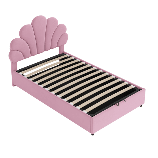 Cama estofada em veludo com arrumação - 90x200cm - Cabeceira em flor - Estrado de ripas - Rosa Cama estofada em veludo com arrumação - 90x200cm - Cabeceira em flor - Estrado de ripas - Rosa