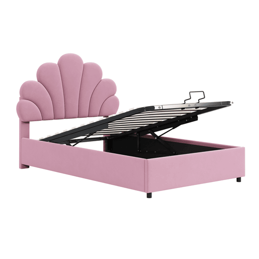 Cama estofada em veludo com arrumação - 90x200cm - Cabeceira em flor - Estrado de ripas - Rosa Cama estofada em veludo com arrumação - 90x200cm - Cabeceira em flor - Estrado de ripas - Rosa