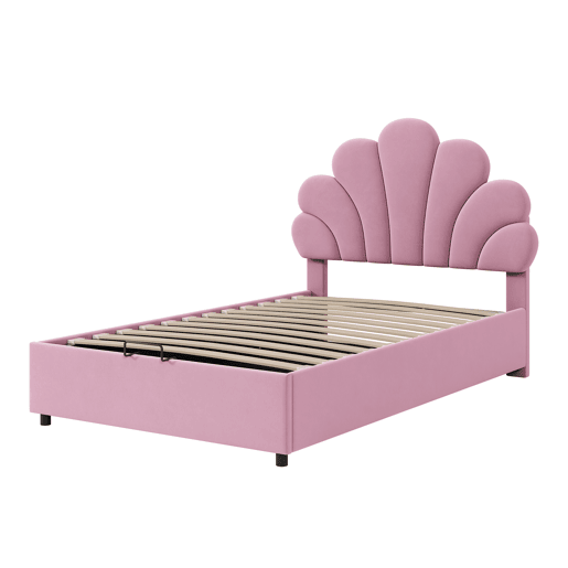 Cama estofada em veludo com arrumação - 90x200cm - Cabeceira em flor - Estrado de ripas - Rosa Cama estofada em veludo com arrumação - 90x200cm - Cabeceira em flor - Estrado de ripas - Rosa