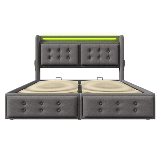 Cama de arrumação em tecido de linho 140x200 cm - com LED e portas de carregamento - Cinzento Cama de arrumação em tecido de linho 140x200 cm - com LED e portas de carregamento - Cinzento