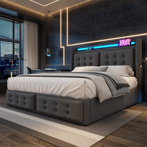 Cama de arrumação em tecido de linho 140x200 cm - com LED e portas de carregamento - Cinzento Cama de arrumação em tecido de linho 140x200 cm - com LED e portas de carregamento - Cinzento