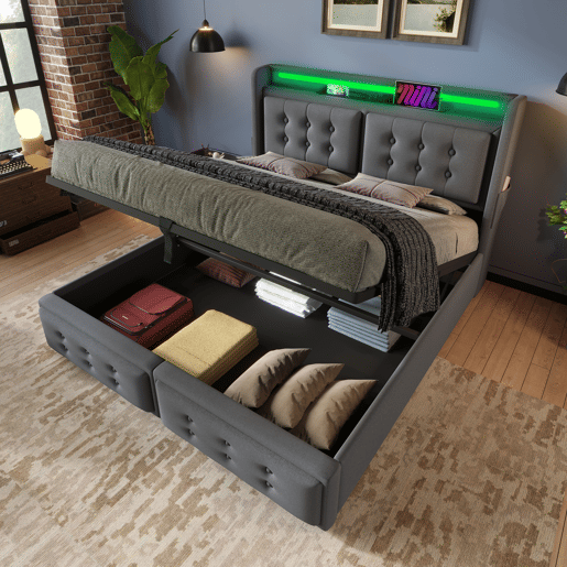 Cama de arrumação em tecido de linho 140x200 cm - com LED e portas de carregamento - Cinzento Cama de arrumação em tecido de linho 140x200 cm - com LED e portas de carregamento - Cinzento