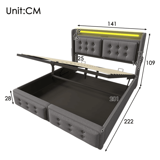 Cama de arrumação em tecido de linho 140x200 cm - com LED e portas de carregamento - Cinzento Cama de arrumação em tecido de linho 140x200 cm - com LED e portas de carregamento - Cinzento