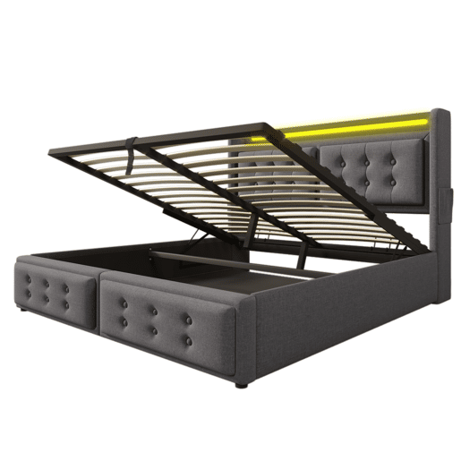 Cama de arrumação em tecido de linho 140x200 cm - com LED e portas de carregamento - Cinzento Cama de arrumação em tecido de linho 140x200 cm - com LED e portas de carregamento - Cinzento