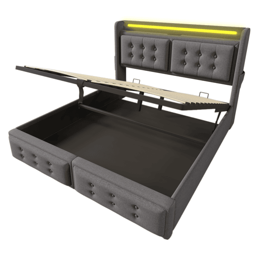 Cama de arrumação em tecido de linho 140x200 cm - com LED e portas de carregamento - Cinzento Cama de arrumação em tecido de linho 140x200 cm - com LED e portas de carregamento - Cinzento