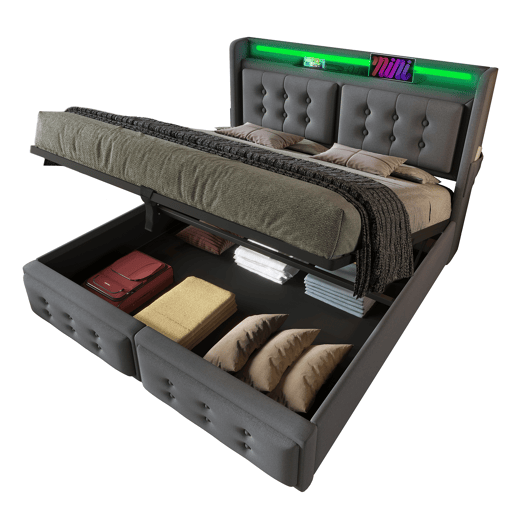 Cama de arrumação em tecido de linho 140x200 cm - com LED e portas de carregamento - Cinzento Cama de arrumação em tecido de linho 140x200 cm - com LED e portas de carregamento - Cinzento