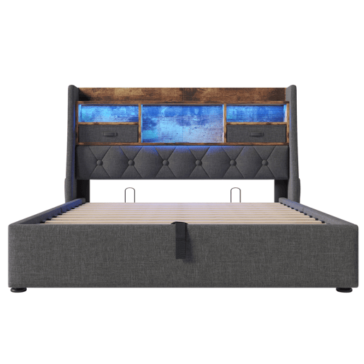 Cama hidráulica 140x200 cm - Com arrumação, cabeceira LED, 4 portas USBType-C - Cinza Cama hidráulica 140x200 cm - Com arrumação, cabeceira LED, 4 portas USBType-C - Cinza