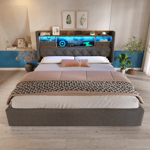 Cama hidráulica 140x200 cm - Com arrumação, cabeceira LED, 4 portas USBType-C - Cinza Cama hidráulica 140x200 cm - Com arrumação, cabeceira LED, 4 portas USBType-C - Cinza