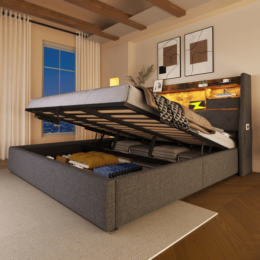 Cama hidráulica 140x200 cm - Com arrumação, cabeceira LED, 4 portas USBType-C - Cinza Cama hidráulica 140x200 cm - Com arrumação, cabeceira LED, 4 portas USBType-C - Cinza