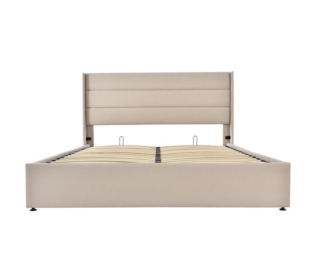Cama doble hidráulica 160x200 - con almacenamiento, colchón incluido, somier madera y metal, lino - beige
