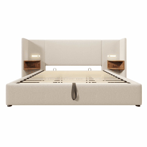 Cama contentora de linho 180x200 cm - 2 mesas de cabeceira com luz de leitura e função de carregamento - com estrado de molas - Bege Cama contentora de linho 180x200 cm - 2 mesas de cabeceira com luz de leitura e função de carregamento - com estrado de molas - Bege