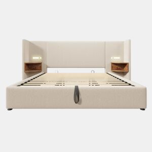Cama contentora de linho 180x200 cm - 2 mesas de cabeceira com luz de leitura e função de carregamento - com estrado de molas - Bege