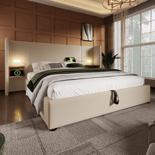 Cama contentora de linho 180x200 cm - 2 mesas de cabeceira com luz de leitura e função de carregamento - com estrado de molas - Bege Cama contentora de linho 180x200 cm - 2 mesas de cabeceira com luz de leitura e função de carregamento - com estrado de molas - Bege