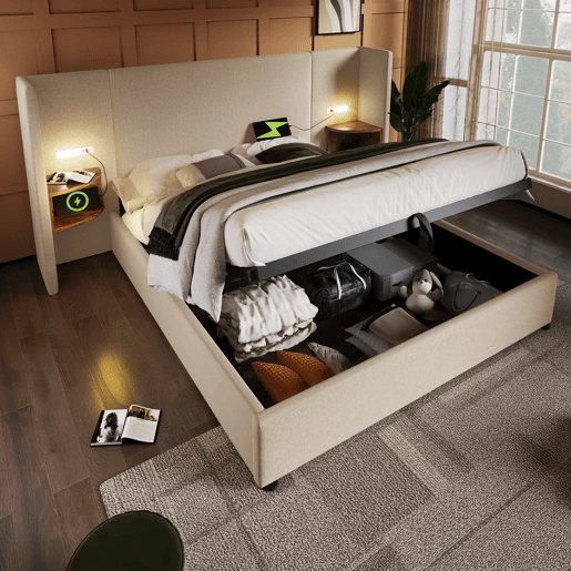 Cama contentora de linho 180x200 cm - 2 mesas de cabeceira com luz de leitura e função de carregamento - com estrado de molas - Bege Cama contentora de linho 180x200 cm - 2 mesas de cabeceira com luz de leitura e função de carregamento - com estrado de molas - Bege
