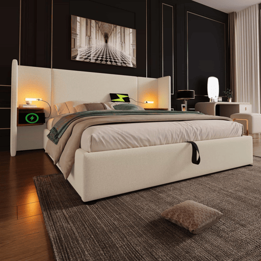 Cama contentora de linho 180x200 cm - 2 mesas de cabeceira com luz de leitura e função de carregamento - com estrado de molas - Bege Cama contentora de linho 180x200 cm - 2 mesas de cabeceira com luz de leitura e função de carregamento - com estrado de molas - Bege