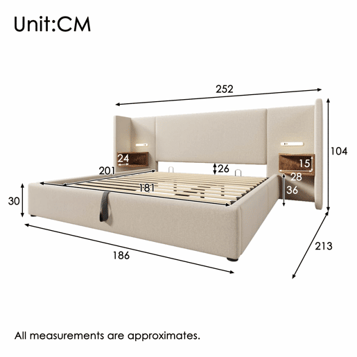 Cama contentora de linho 180x200 cm - 2 mesas de cabeceira com luz de leitura e função de carregamento - com estrado de molas - Bege Cama contentora de linho 180x200 cm - 2 mesas de cabeceira com luz de leitura e função de carregamento - com estrado de molas - Bege