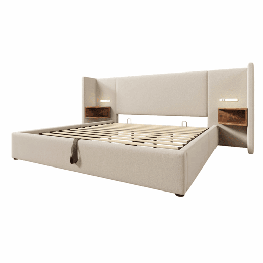 Cama contentora de linho 180x200 cm - 2 mesas de cabeceira com luz de leitura e função de carregamento - com estrado de molas - Bege Cama contentora de linho 180x200 cm - 2 mesas de cabeceira com luz de leitura e função de carregamento - com estrado de molas - Bege