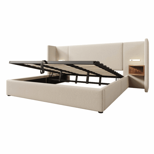 Cama contentora de linho 180x200 cm - 2 mesas de cabeceira com luz de leitura e função de carregamento - com estrado de molas - Bege Cama contentora de linho 180x200 cm - 2 mesas de cabeceira com luz de leitura e função de carregamento - com estrado de molas - Bege