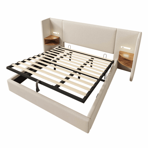 Cama contentora de linho 180x200 cm - 2 mesas de cabeceira com luz de leitura e função de carregamento - com estrado de molas - Bege Cama contentora de linho 180x200 cm - 2 mesas de cabeceira com luz de leitura e função de carregamento - com estrado de molas - Bege