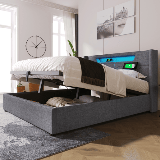 Cama estofada 140x200 - com função de carregamento USB tipo C e luz LED - Bege