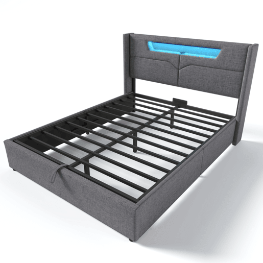 Cama estofada 140x200 - com função de carregamento USB tipo C e luz LED - Bege