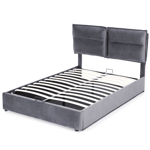 Cama de contentor estofada em veludo 140x200 cm com cabeceira regulável e estrado de ripas - Cinzento Cama de contentor estofada em veludo 140x200 cm com cabeceira regulável e estrado de ripas - Cinzento