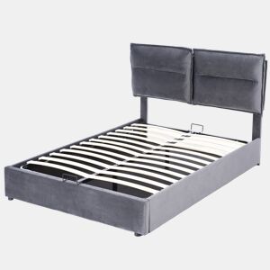 Cama de contentor estofada em veludo 140x200 cm com cabeceira regulável e estrado de ripas - Cinzento