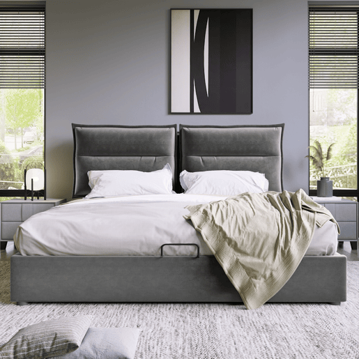 Cama de contentor estofada em veludo 140x200 cm com cabeceira regulável e estrado de ripas - Cinzento Cama de contentor estofada em veludo 140x200 cm com cabeceira regulável e estrado de ripas - Cinzento