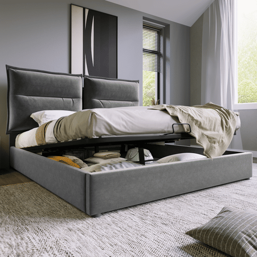 Cama de contentor estofada em veludo 140x200 cm com cabeceira regulável e estrado de ripas - Cinzento Cama de contentor estofada em veludo 140x200 cm com cabeceira regulável e estrado de ripas - Cinzento
