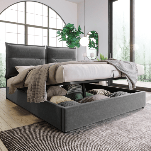 Cama de contentor estofada em veludo 140x200 cm com cabeceira regulável e estrado de ripas - Cinzento Cama de contentor estofada em veludo 140x200 cm com cabeceira regulável e estrado de ripas - Cinzento
