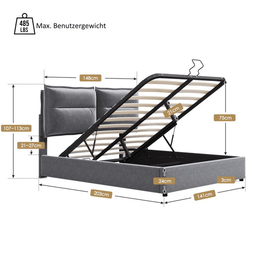 Cama de contentor estofada em veludo 140x200 cm com cabeceira regulável e estrado de ripas - Cinzento Cama de contentor estofada em veludo 140x200 cm com cabeceira regulável e estrado de ripas - Cinzento