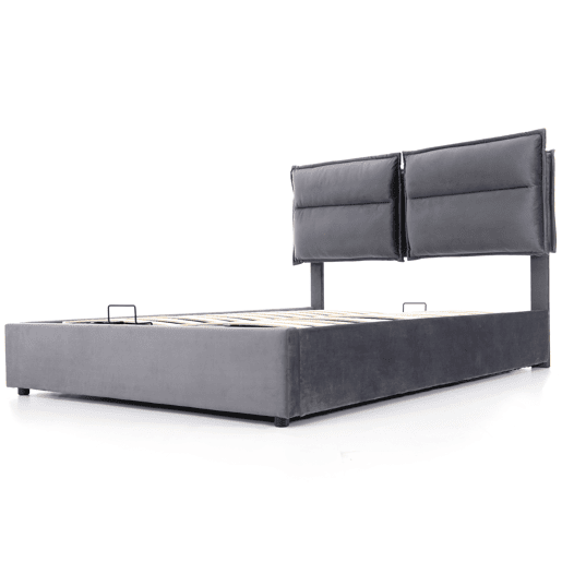 Cama de contentor estofada em veludo 140x200 cm com cabeceira regulável e estrado de ripas - Cinzento Cama de contentor estofada em veludo 140x200 cm com cabeceira regulável e estrado de ripas - Cinzento