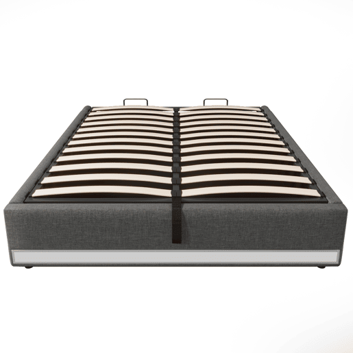 Cama com armazenamento hidráulico 140*200 cm - Com faixa LED controlável por comando, com portas USB e Tipo C, sem cabeceira, com pequenos bolsos - Cinza