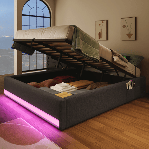 Cama com armazenamento hidráulico 140*200 cm - Com faixa LED controlável por comando, com portas USB e Tipo C, sem cabeceira, com pequenos bolsos - Cinza