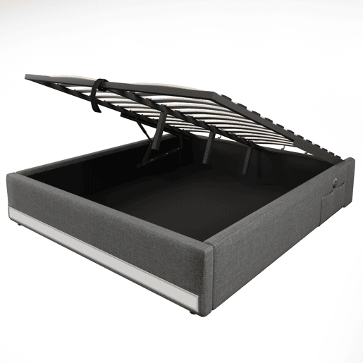 Cama com armazenamento hidráulico 140*200 cm - Com faixa LED controlável por comando, com portas USB e Tipo C, sem cabeceira, com pequenos bolsos - Cinza