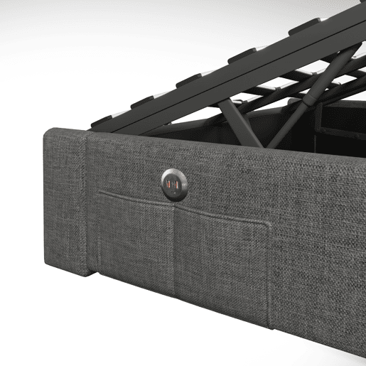 Cama com armazenamento hidráulico 140*200 cm - Com faixa LED controlável por comando, com portas USB e Tipo C, sem cabeceira, com pequenos bolsos - Cinza