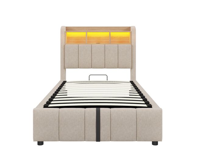 Cama individual 90*200 cm - con iluminación led, puerto usb, cabecera con estantes y almacenamiento, almacenamiento hidráulico - beige lino