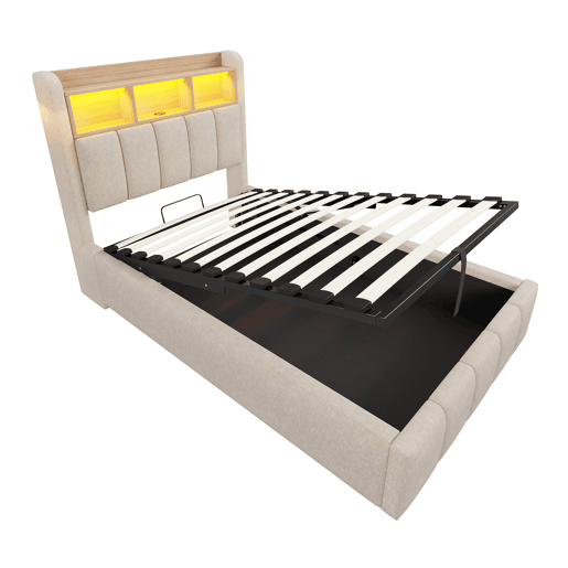 Cama individual 90*200 cm - Com iluminação LED, porta USB, cabeceira com prateleiras e arrumação, arrumação hidráulica - Linho bege Cama individual 90*200 cm - Com iluminação LED, porta USB, cabeceira com prateleiras e arrumação, arrumação hidráulica - Linho bege
