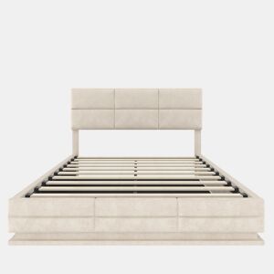 Cama estofada 140x200 cm - Cabeceira ajustável, portas USBType-C, iluminação LED, sistema hidráulico, grande capacidade de armazenamento - Bege